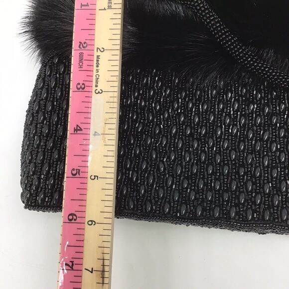 Mitchie’s Black Beaded Evening Bag Faux Fur Trim Top Handle Purse NWT Vintage - Picture 15 of 16